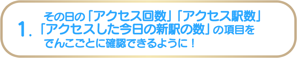 1. その日の「アクセス回数」「アクセス駅数」「アクセスした今日の新駅の数」の項目をでんこごとに確認できるように！