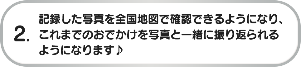 2. 記録した写真を全国地図で確認できるようになり、これまでのおでかけを写真と一緒に振り返られるようになります♪